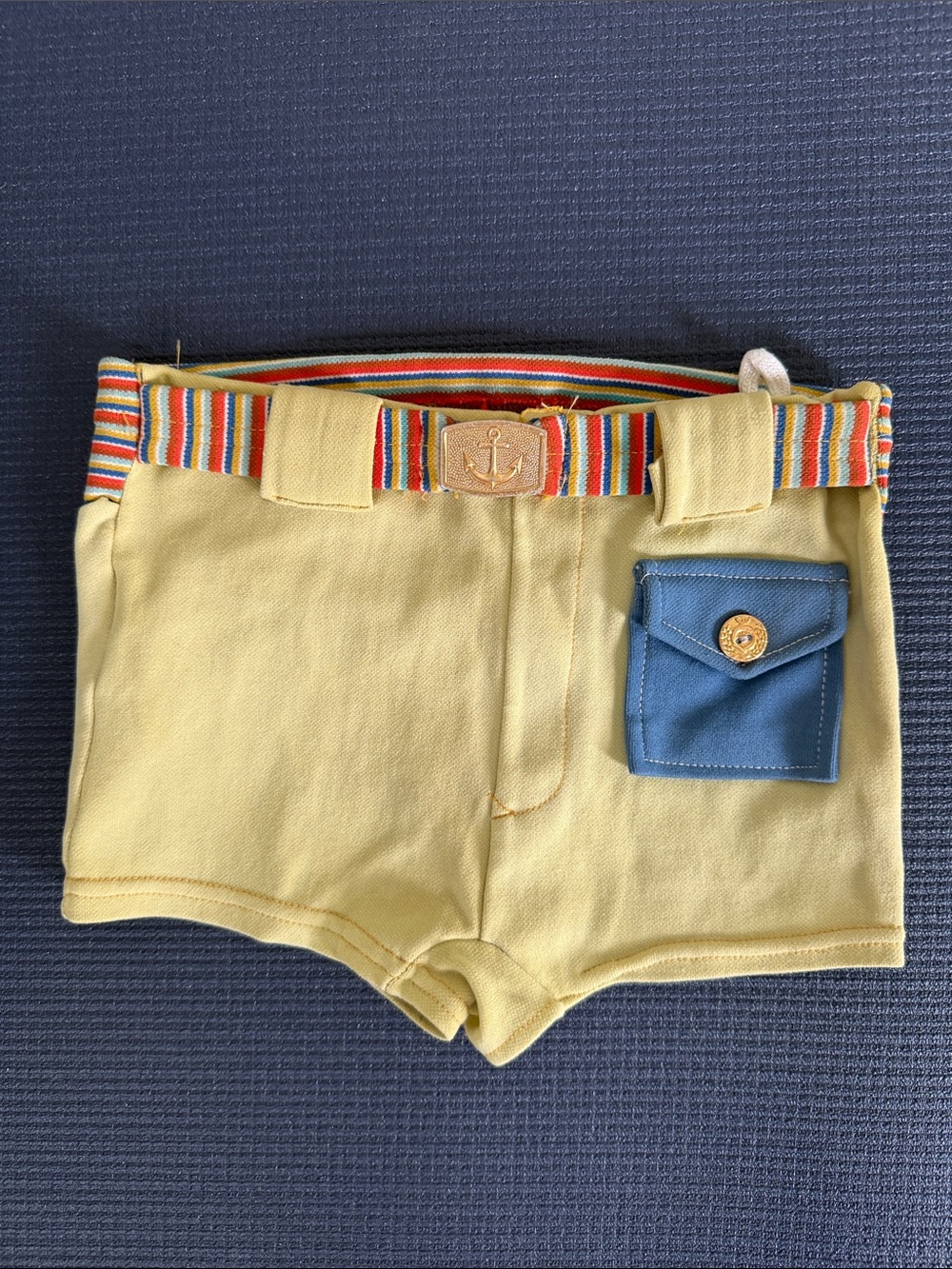 Vintage 70s Just Mine Boys Swim Trunks Multicolor Striped Belt Anchor Buckle